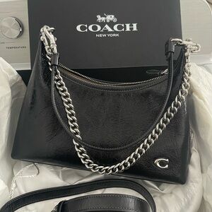 Coach Black Leather Shoulder Bag with Silver Chain